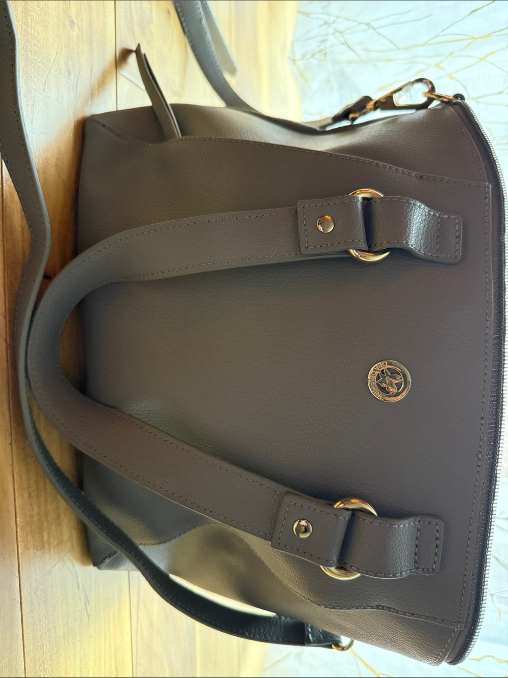 Ora Delphine Taupe Satchel with Gold Accents